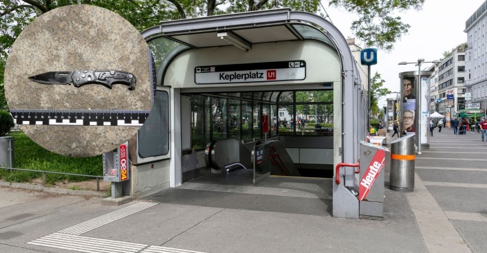 Ansicht des Keplerplatz in Wien-Favoriten und der Tatwaffe