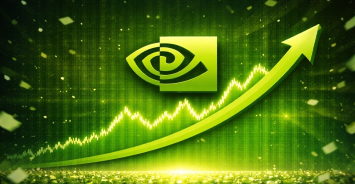Grafik mit Nvidia-Logo und stark steigender Kurskurve als Symbol für den Rekordumsatz und den Höhenflug der Nvidia-Aktie im Zuge des KI-Booms.