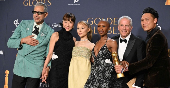 Jeff Goldblum, Malaysian actress Michelle Yeoh, US singer-songwriter Ariana Grande, British actress und Cynthia Erivo, producer Marc E. Platt und Jon M. Chu/ Jeff Goldblum ist bei der Olympia in Milano Cortina dabei