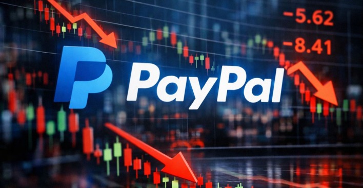 Der fallende Aktienkurs von PayPal an einer digitalen Börsenanzeige