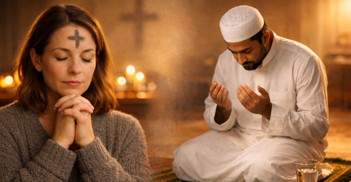 Christliche Frau betet mit Aschekreuz auf der Stirn neben muslimischem Mann im Gebet – Symbol für Fastenzeit und Ramadan 2026, gemeinsamer Ausdruck von Glauben und innerer Einkehr.