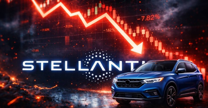Logo von Stellantis mit einem Auto vor fallenden Aktien