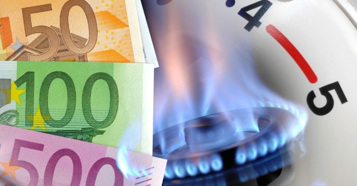 Gasflamme mit Euro-Banknoten und Anzeige als Symbol für steigende Gaspreise und Energiepreise in Europa