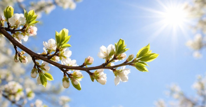 Blühender Baumzweig mit weißen Blüten und grünen Blättern vor blauem Himmel und Sonne als Symbol für milden Frühling laut Bauernregel zum Wetteram Josefitag