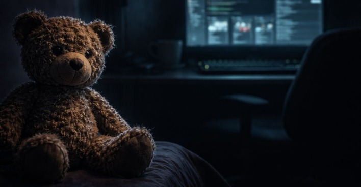 Teddybär in dunklem Kinderzimmer vor Laptop als Symbol für Kärnten Babysitter Darknet Fall