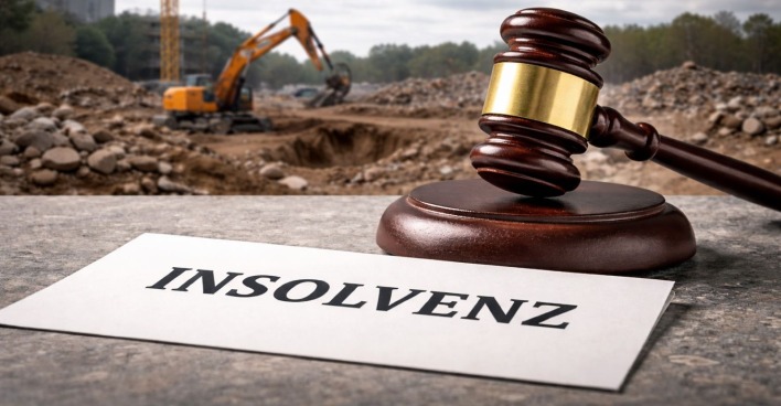 Baustelle mit Richterhammer und einem Zettel, wo Insolvenz geschrieben steht, als Symbolbild für die Insolvenz
