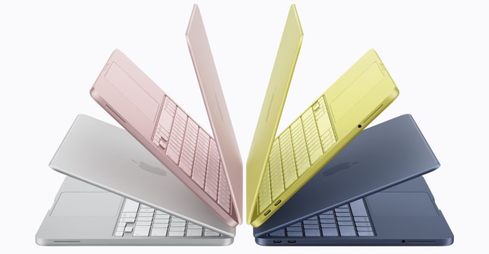 Apple MacBook Neo Laptop in den Farben Rosa, Indigo, Silber und Zitrus mit geöffnetem Display – günstiges Apple-Notebook mit A18-Pro-Chip und 13-Zoll-Display.