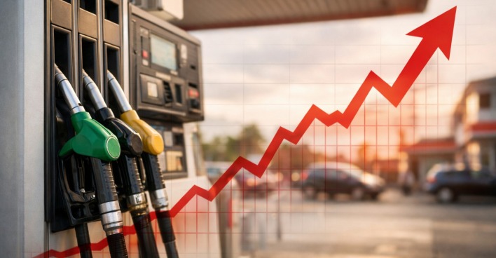 Zapfpistolen an einer Tankstelle, roter Pfeil nach oben symbolisiert: spritpreise steigen bei Diesel und Super in Österreich.