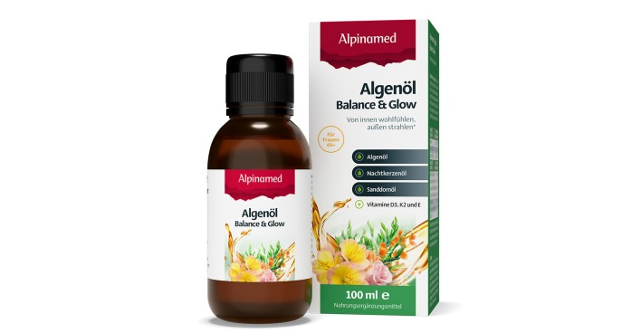 Eine Flasche mit Algenöl | Credit: Alpinamed
