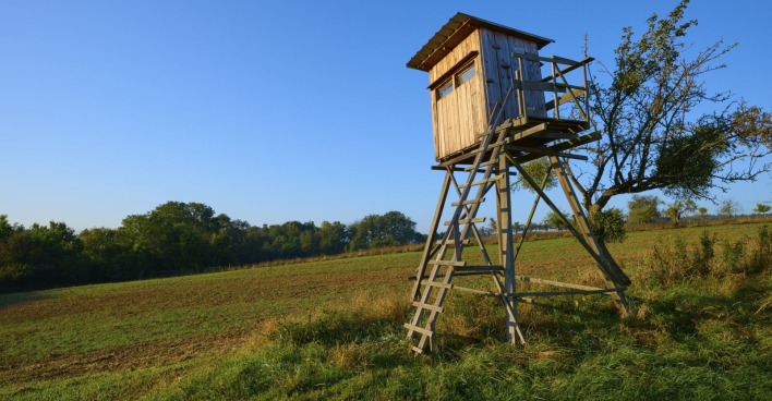 Ein Hochstand steht am Rande eines Waldes
