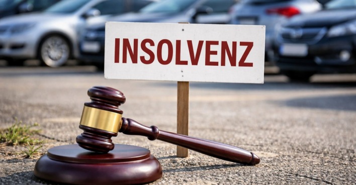 Richterhammer und Insolvenzschild auf einem Parkplatz als Themenbild für die Pleite der Special Rent Steffan GmbH