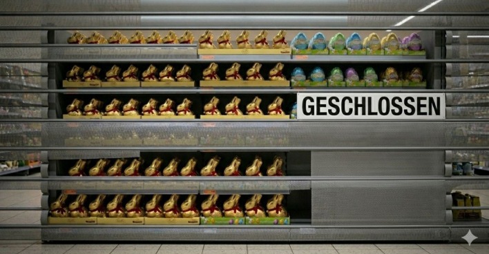 Ein geschlossenes Supermarktregal mit Osterschokolade symbolisiert die frühen Schließzeiten am Karsamstag.