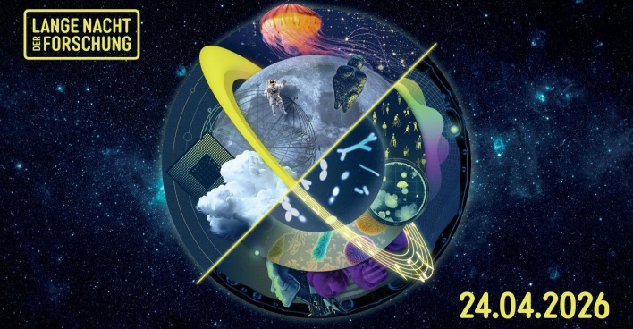Lange Nacht der Forschung 2026 Visual mit Weltraum, Astronaut, Mikroorganismen und Technologieelementen, Datum 24.04.2026 sichtbar