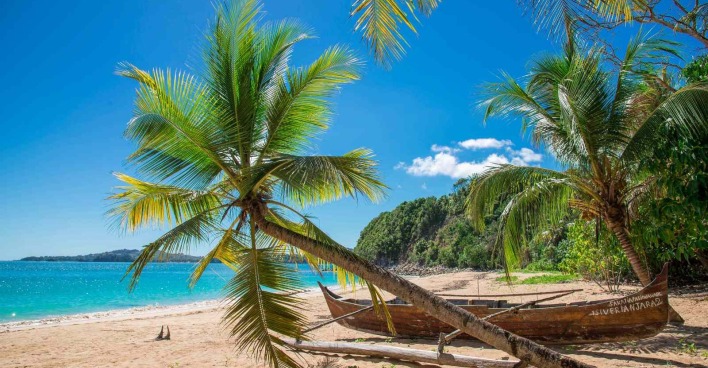 Tropischer Strand auf Nosy Iranja mit schräger Palme, türkisblauem Meer und traditionellem Holzboot im Sand.
