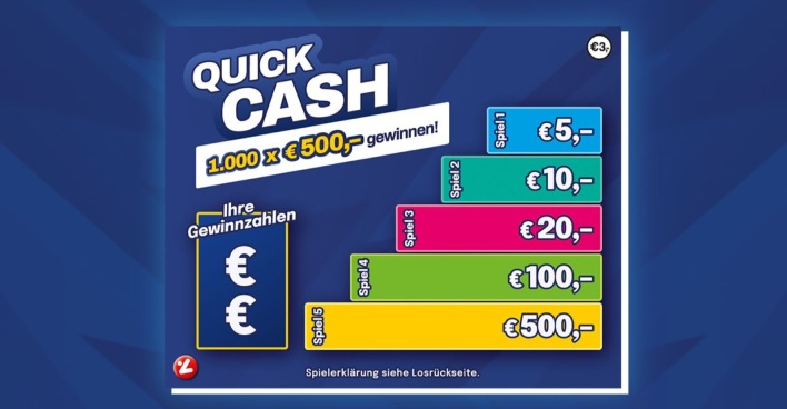 Rubbellos Quick Cash Österreich mit Gewinnzahlen, fünf Spielen und möglichen Gewinnen bis 500 Euro