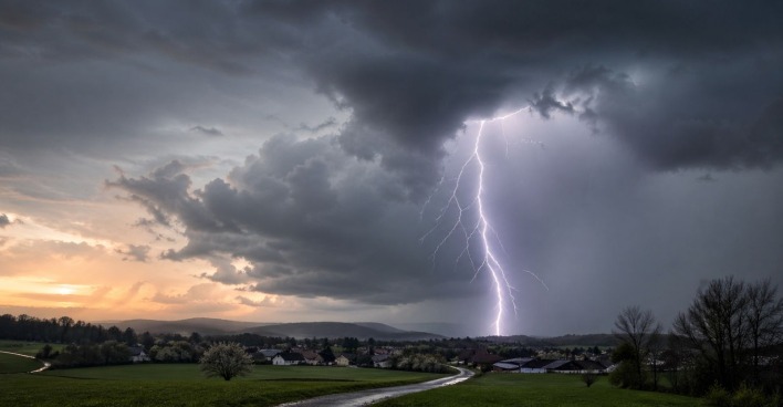 Gewitter in Österreich mit Blitz, dunklen Wolken und Regen über ländlicher Landschaft im Frühling.
