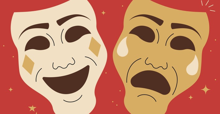 Comic von einer lachenden und einer weinenden Maske | Credit: hatsak/Shutterstock