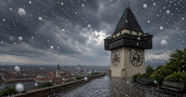KI-generierte Darstellung von Hagelkörnern am Grazer Uhrturm als Themenbild für die Unwetter in Graz