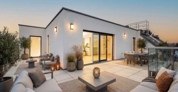 Modernes Wohnhaus in der Abenddämmerung | Credit: Glorit Bausysteme