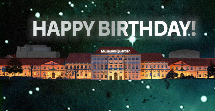 Bildcollage des MQ bei Nacht mit Happy Birthday Schriftzug