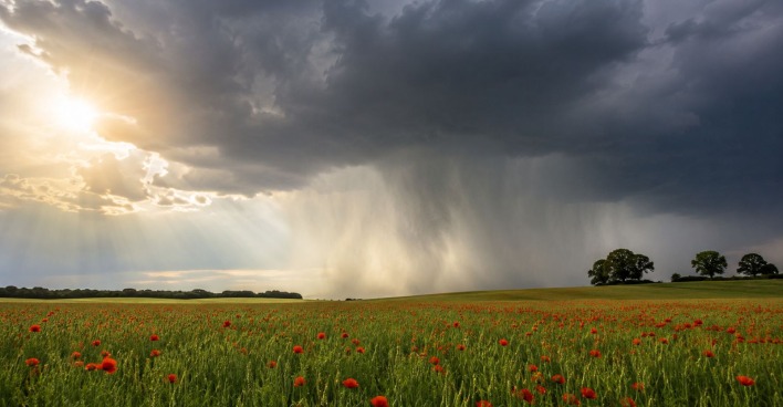 Gewitter und Regen über Feld im Juni laut Bauernregel mit möglicher 40 Tage Regenphase