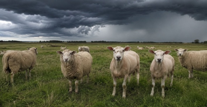 Schafe auf einer Wiese unter dunklen Gewitterwolken während der Schafskälte und einem Wettersturz in Österreich