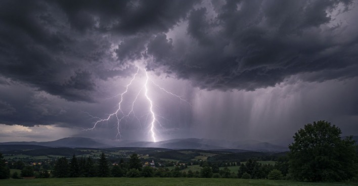 Unwetterwarnung Gewitter Österreich: Fotorealistisches Bild mit Blitzen, dunklen Gewitterwolken und Starkregen über einer ländlichen Region.
