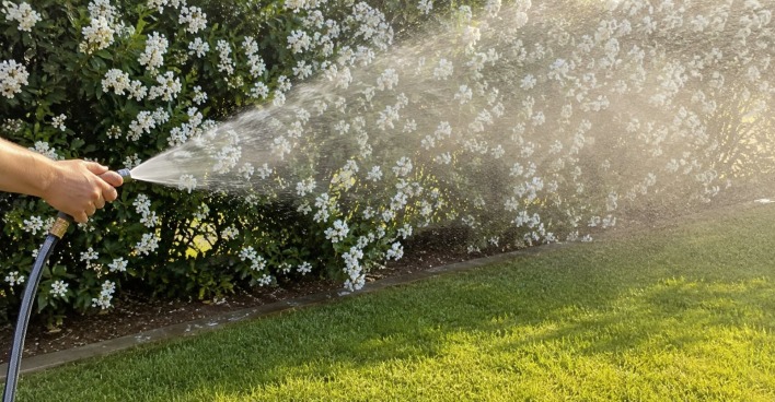 Garten wird mit Schlauch bewässert – Symbolbild für Gießverbot bei Trockenheit und Japankäfer in Deutschland