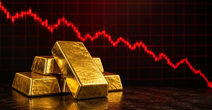 Goldbarren vor fallenden Charts als Symbolbild für den fallenden Goldpreis