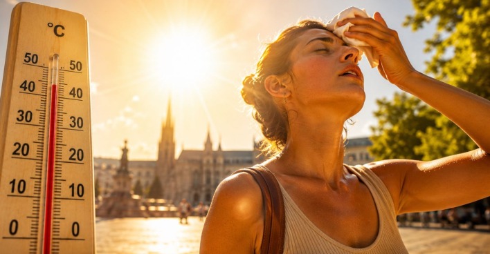 Frau wischt sich bei starker Hitze und über 40 Grad Celsius Schweiß von der Stirn, daneben ein Thermometer mit hoher Temperaturanzeige in urbaner Umgebung.