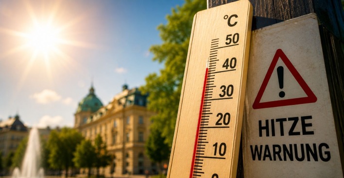 Extreme Hitzewarnung in Österreich mit Thermometer über 40 Grad und Warnschild bei starker Sonneneinstrahlung