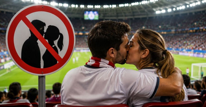 Paar küsst sich im Stadion während eines Spiels, daneben ein Piktogramm gegen intensives Knutschen bei der WM 2026