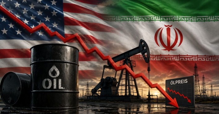 Symbolbild zeigt fallenden Ölpreis mit US- und Iran-Flagge sowie Ölförderanlage und stark sinkendem Kursverlauf