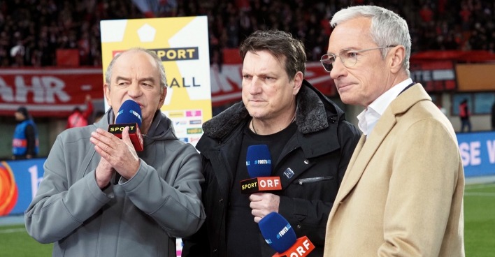 Herbert Prohaska, Andreas Herzog und Rainer Pariasek vor einem ÖFB-Spiel.
