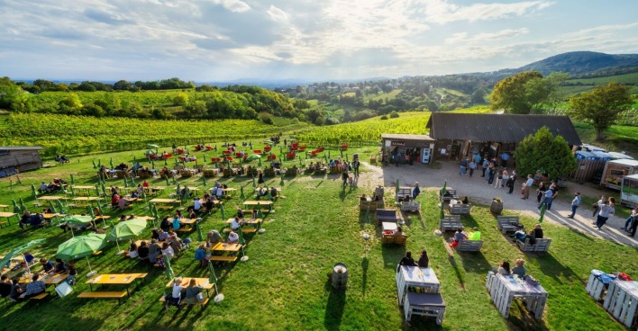 Schanigarten: Der preisgekrönte Mayer am Nussberg in Wien mit weitläufigem Gastgarten zwischen den Weinbergen und Panoramablick über die Stadt.