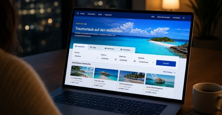 Urlaub buchen Laptop Malediven Vorfreude glücklich Planungsphase Reise buchen Bildschirm Meer