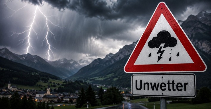 Unwetter Tirol Gewitter Starkregen Sturm Warnung Alpen Straße Blitze