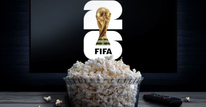 TV mit Logo der Fußballweltmeisterschaft 2026 als Themenbild für die Übertragung des Eröffnungsspiels