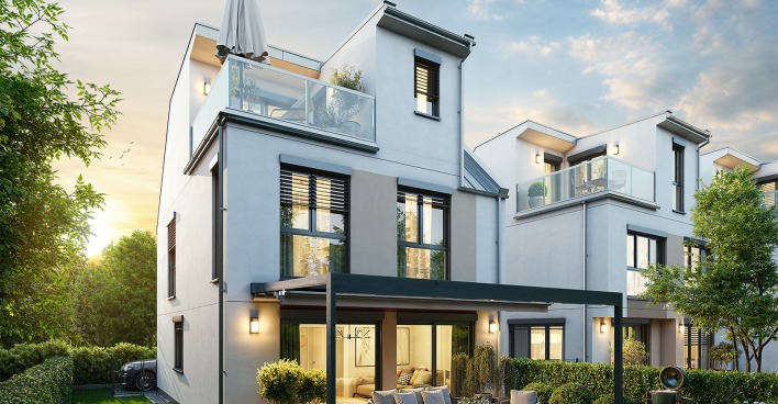 Idyllisches Wohnhaus im Grünen bei Abenddämmerung | Credit: Glorit Bausysteme