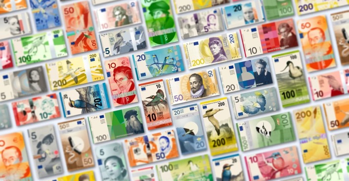 Entwürfe neuer Euro-Banknoten mit Motiven wie Persönlichkeiten, Flüssen und Vögeln im Überblick der EZB-Abstimmung