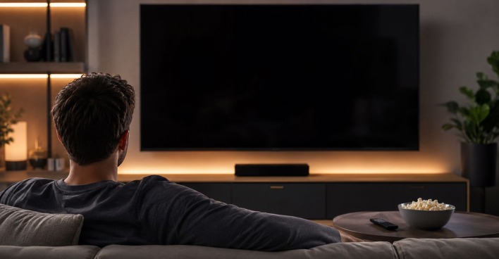 Symbolbild Wohnzimmer mit Fernseher und Fernbedienung, Bildschirm dunkel, steht für das Verschwinden mehrerer Fernsehsender und die Umstellung im TV-Angebot.