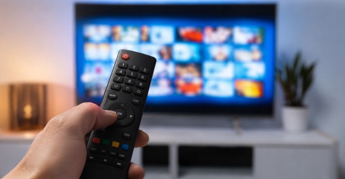 Symbolbild Fernseher mit Fernbedienung, unscharfer TV-Bildschirm im Hintergrund, steht für das Aus mehrerer Fernsehsender bei ARD und ZDF.