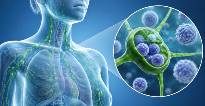 Medizinische Darstellung des lymphatischen Systems mit Lymphknoten und veränderten Immunzellen bei einem Lymphom