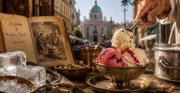 Historische Darstellung von Speiseeis: Kugeln in einer Schale, umgeben von Eisblöcken und einem alten Rezeptbuch vor europäischer Kulisse, inspiriert von der Geschichte des Speiseeises