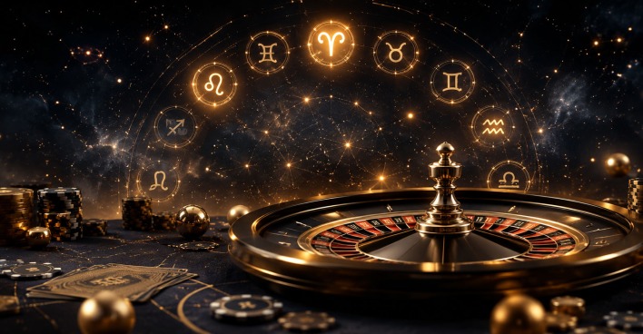 Ein Roulette-Rad mit Spielchips vor einem leuchtenden Tierkreis aus Sternzeichen. | Credit: KI-generiert mit ChatGPT / OpenAI / Sara Milenovic