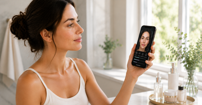 Modelshot am Fenster mit Smartphone in der Hand/ KI generiert