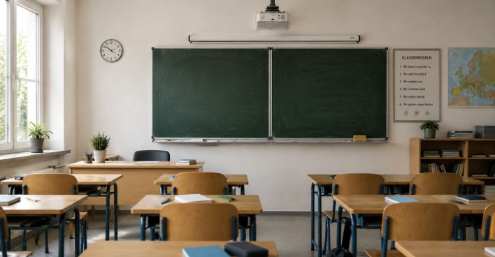 Leeres Klassenzimmer in Österreich zum Start des Schuljahres 2026/27 mit Schultafeln, Tischen und Sesseln.