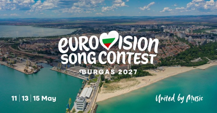 Logo des Eurovision Song Contest 2027 mit einer Panoramaaufnahme des Austragungortes Burgas
