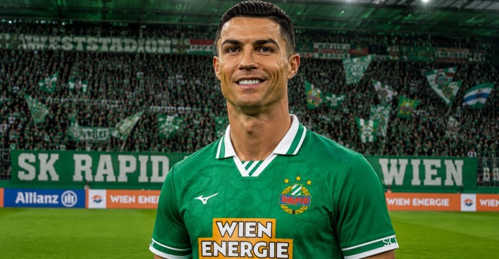 Montage von Cristiano Ronaldo im Trikot des SK Rapid Wien vor dem Block West des Allianz Stadion