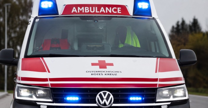 Rettungswagen im Einsatz nach tödlichem Arbeitsunfall in Engelhartstetten